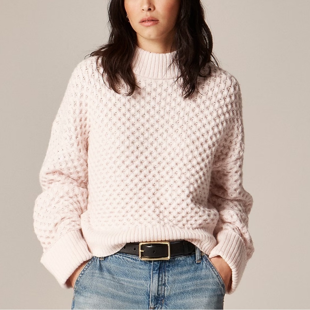 J crew pale pink Honeycomb mockneck sweater in wool blend